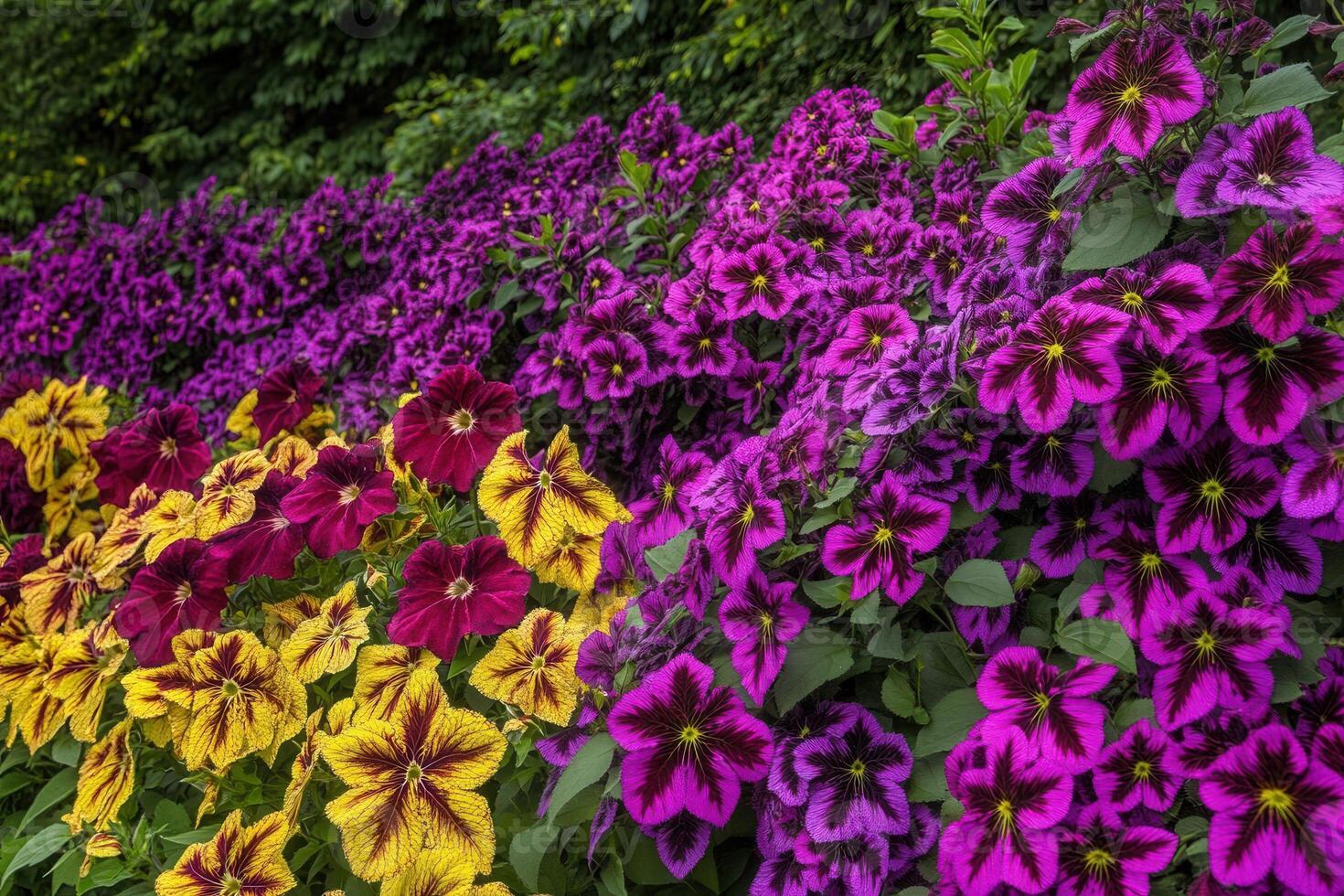 Vibrant flower garden with purple, yellow, and red blooms. photo