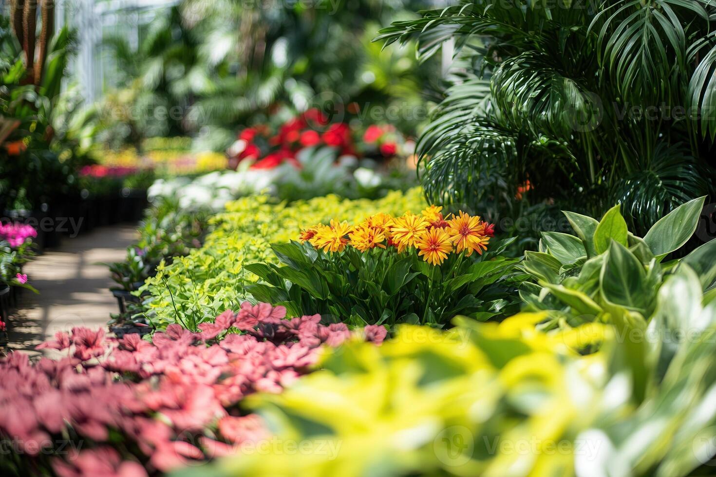 Vibrant flower display in a greenhouse setting. photo