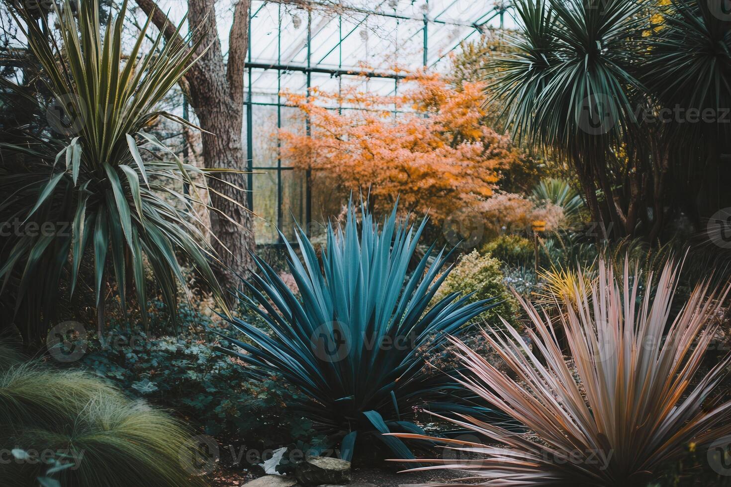 Lush greenhouse with diverse tropical plants and trees. photo