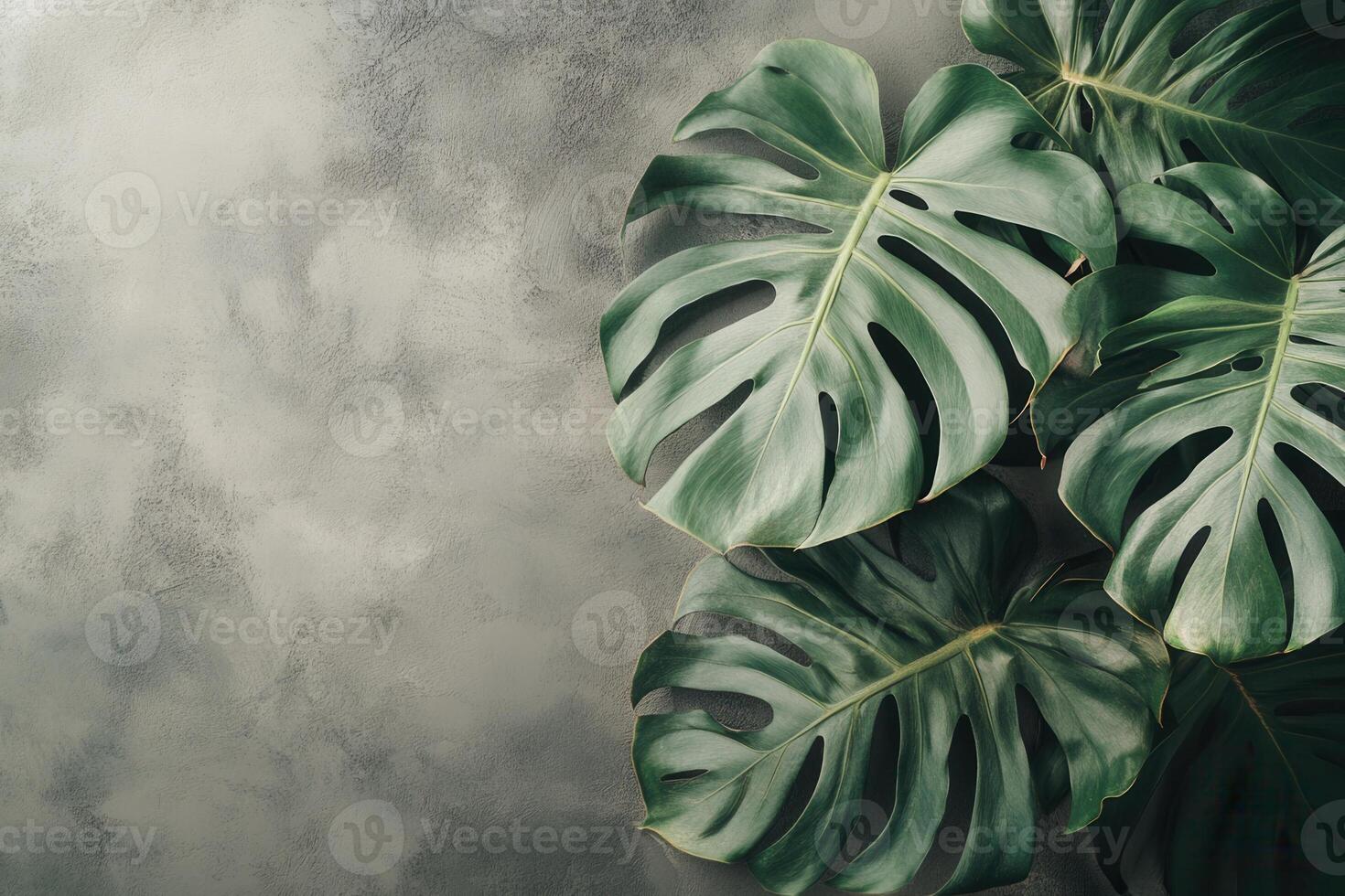 Lush green monstera leaves against a textured background. photo