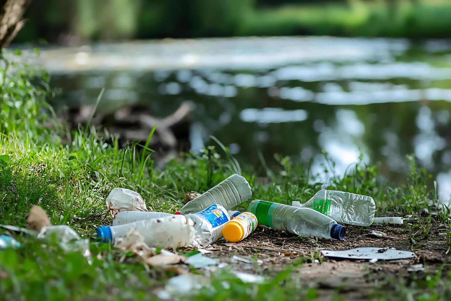 Plastic bottles and other items are scattered on the ground near a river photo