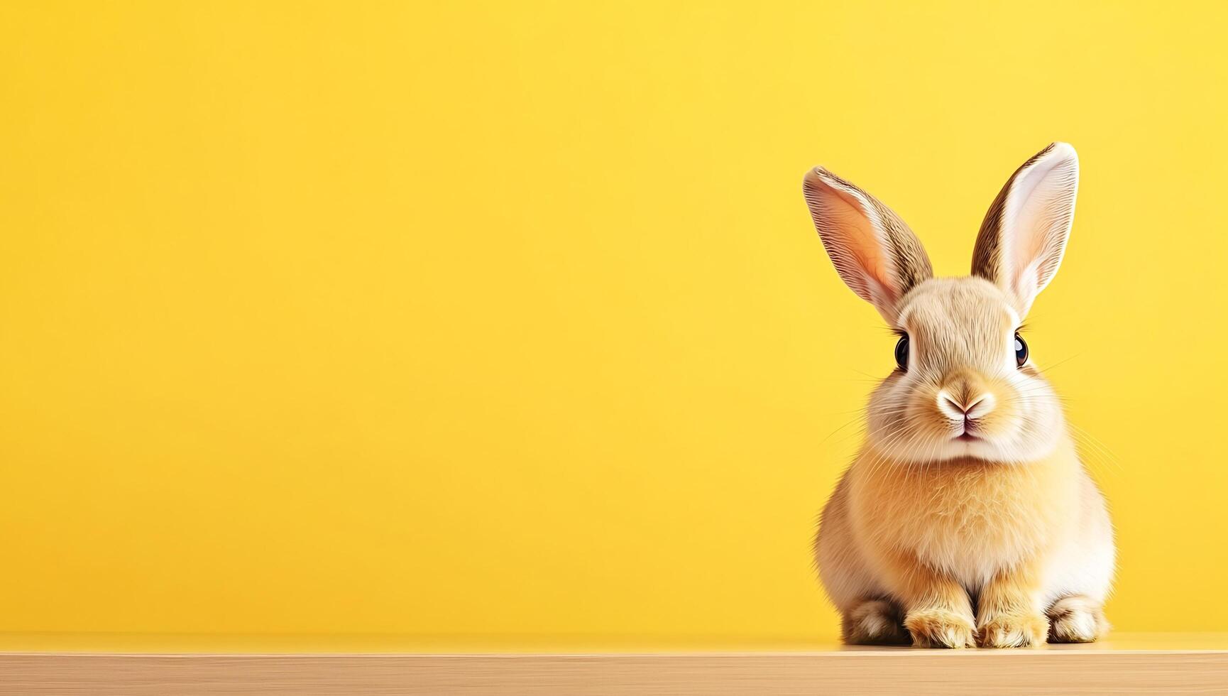 A rabbit sitting on a table with a yellow background photo
