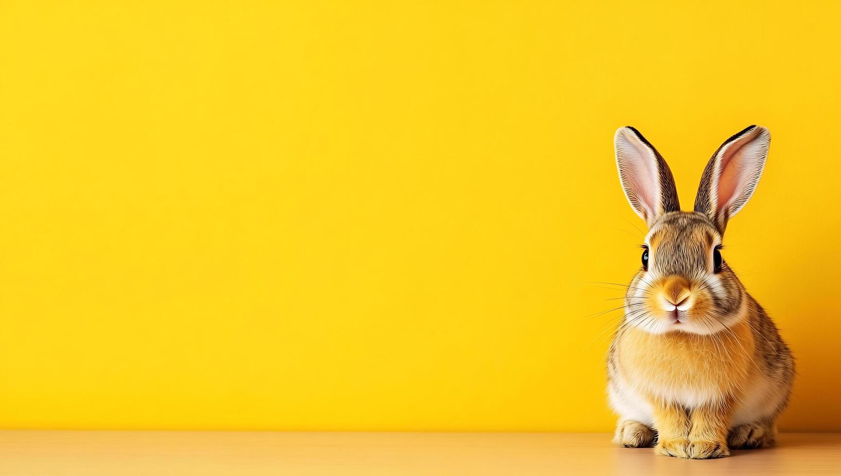 A rabbit is sitting on a table in front of a yellow background photo