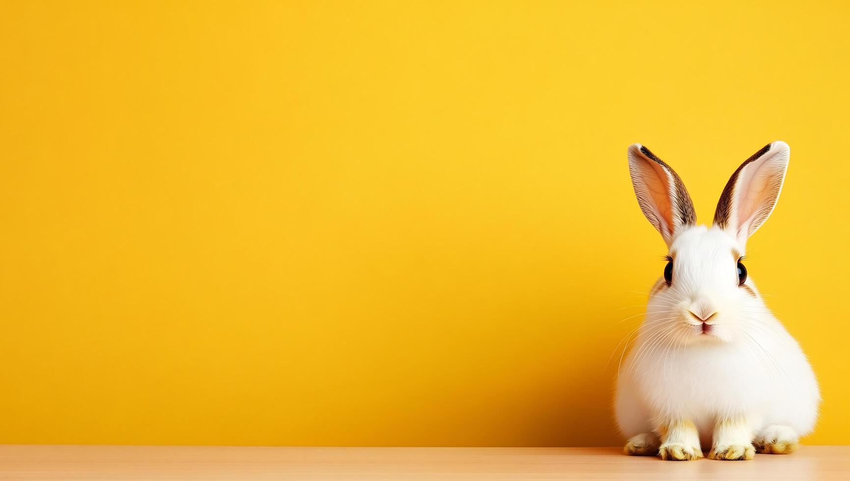A white rabbit sitting on a table in front of a yellow background photo
