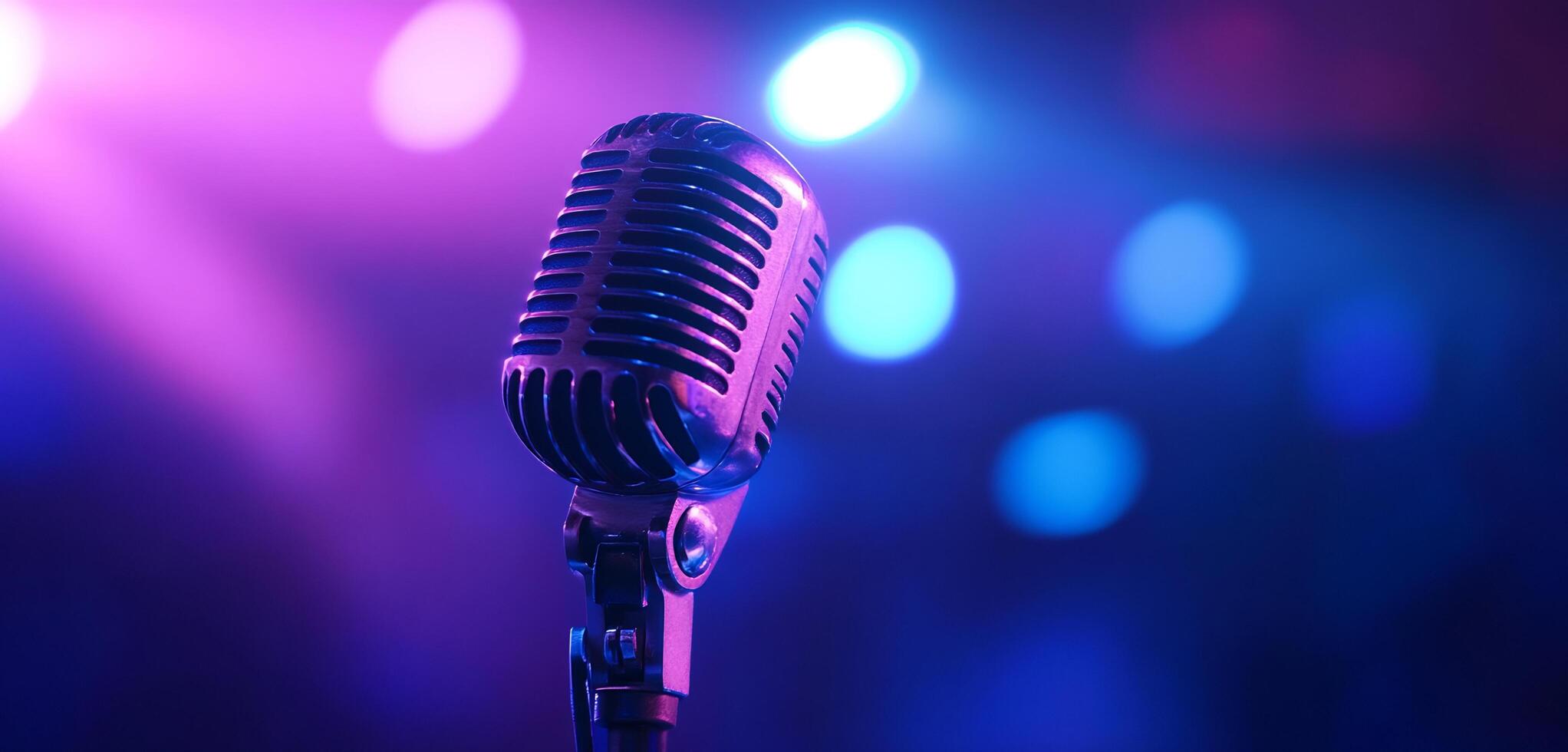 A microphone on a stage with lights behind it photo