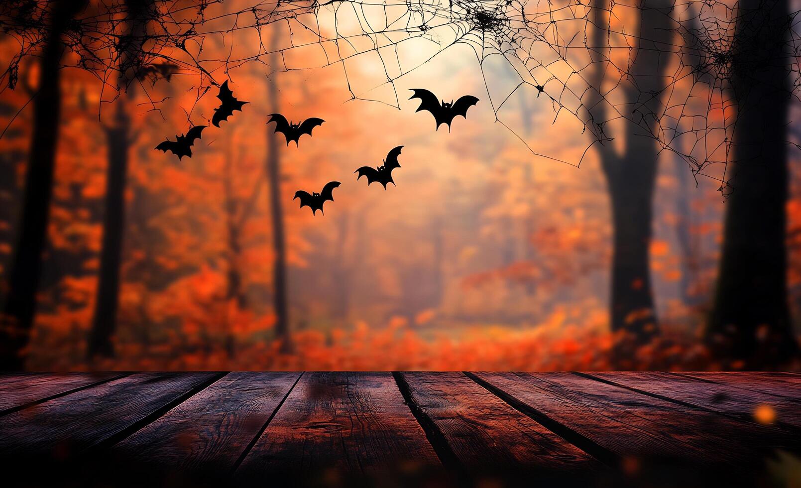 Halloween bats flying over a wooden floor in a forest photo