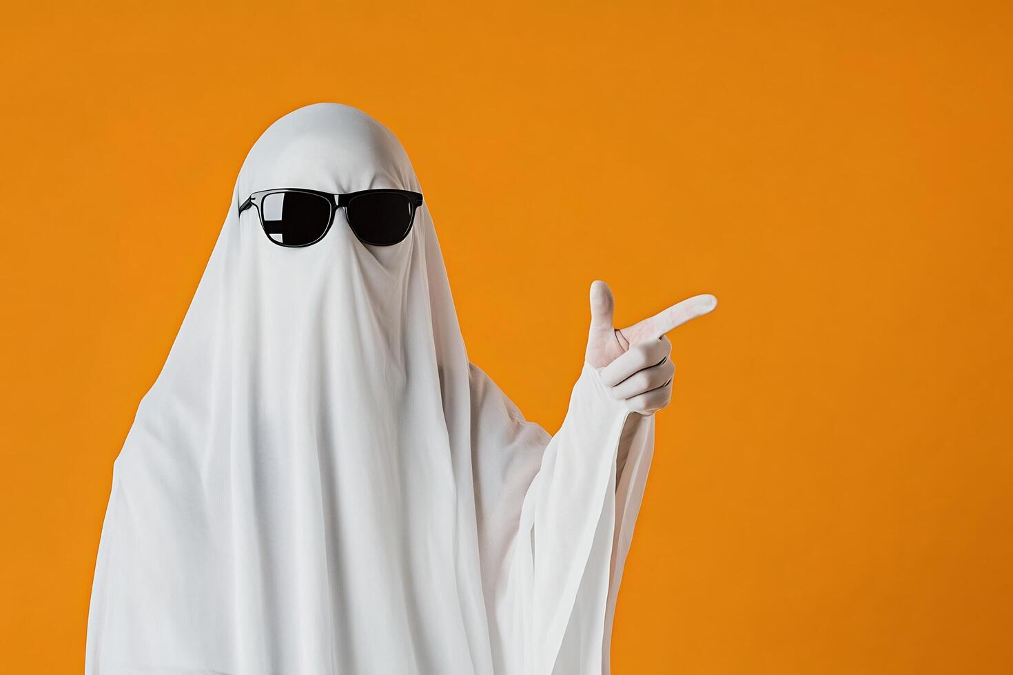 A person dressed as a ghost with sunglasses photo