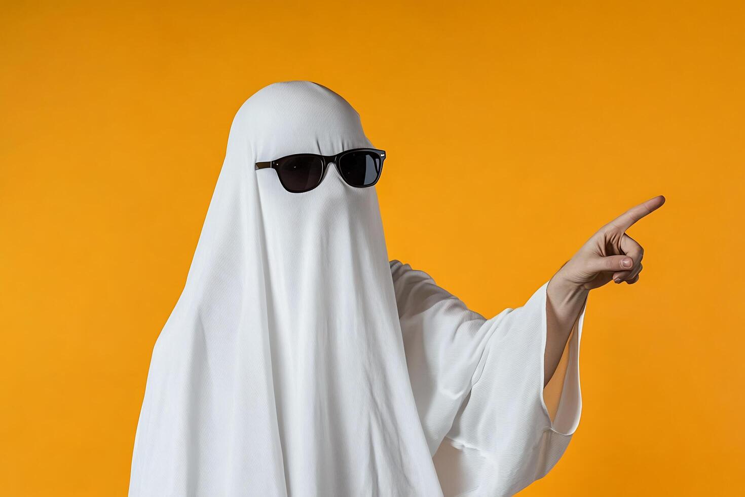 A person in a ghost costume pointing at something photo
