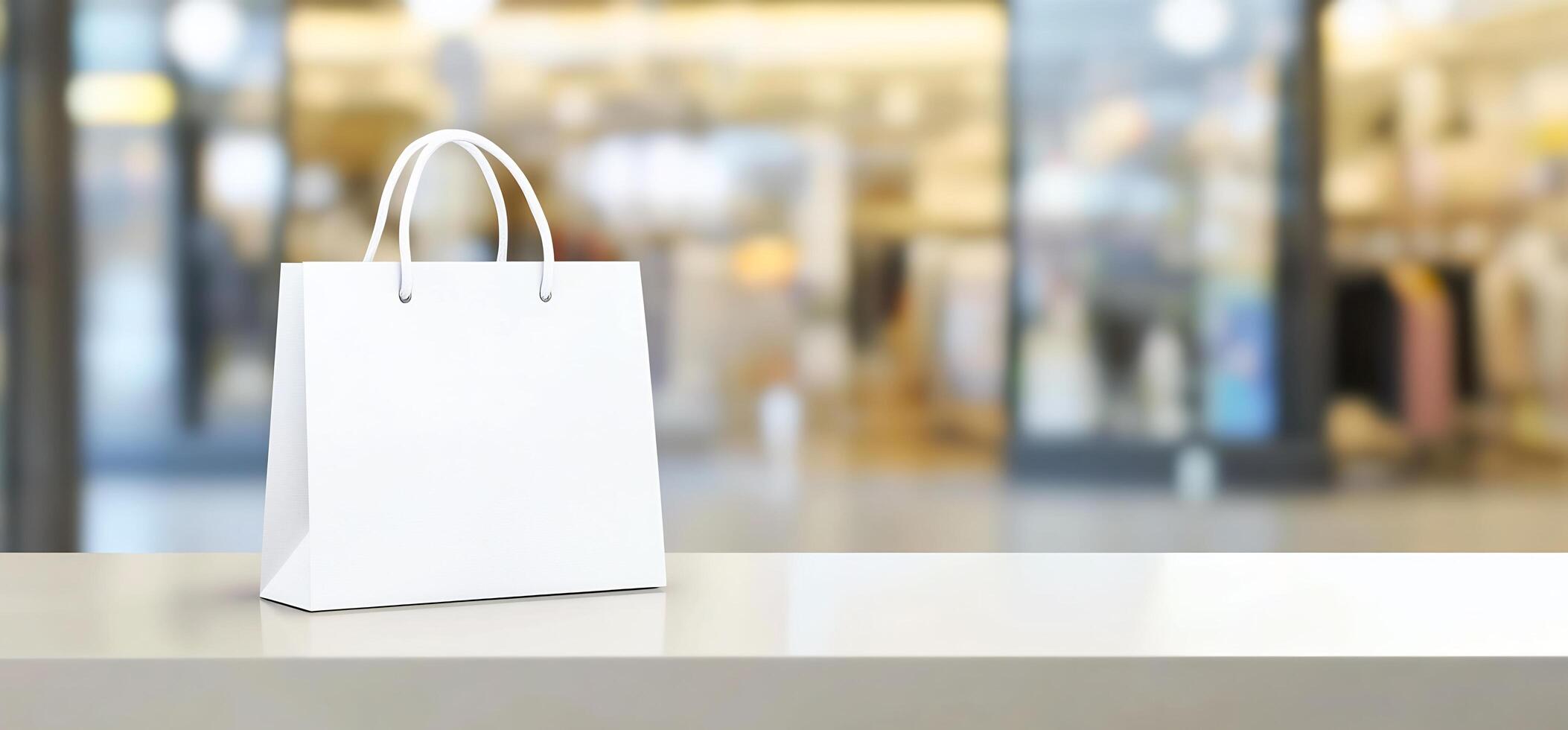 White shopping bag on table in front of blurred background photo