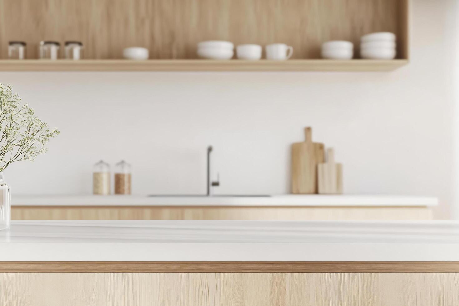 A kitchen with a white counter and wooden shelves photo