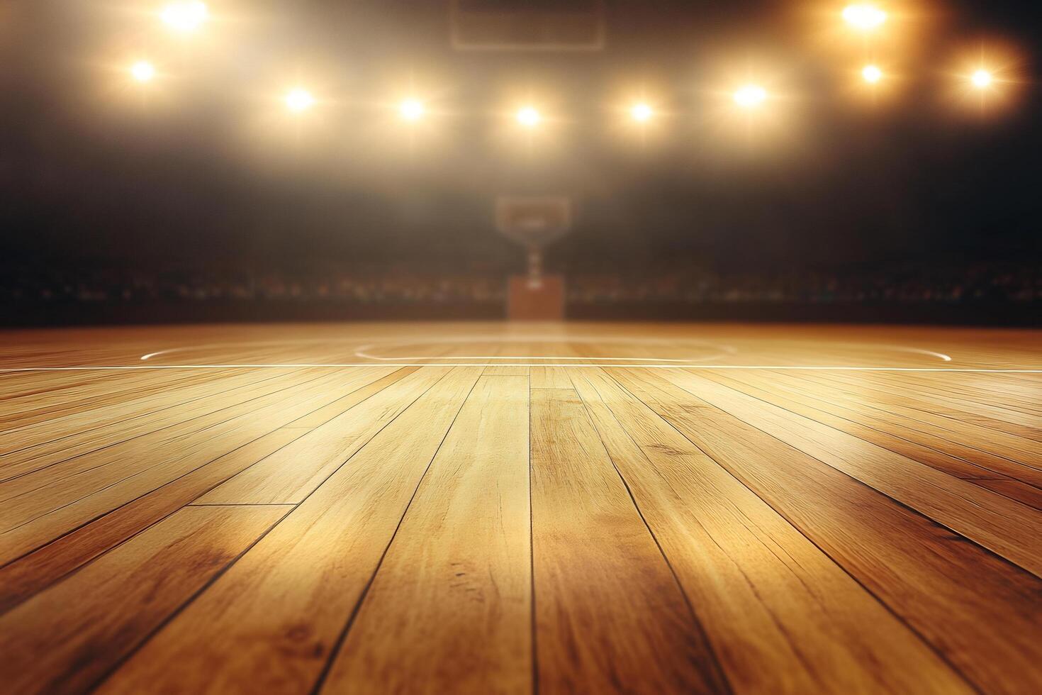 Basketball court with lights and wooden floor photo