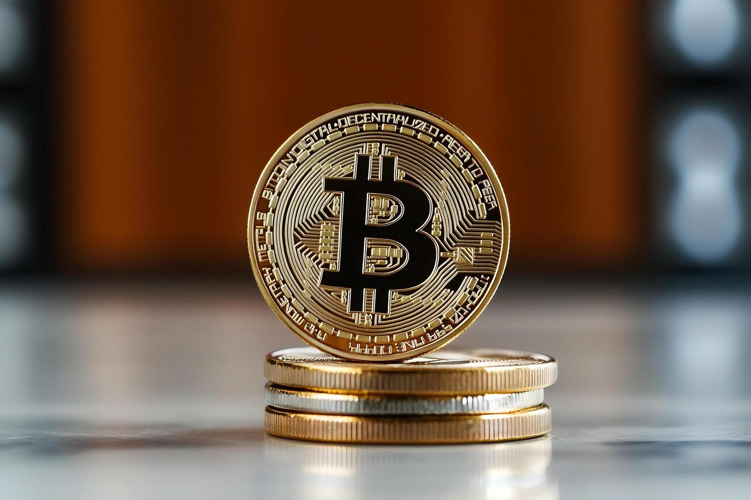 A bitcoin is sitting on top of two coins photo