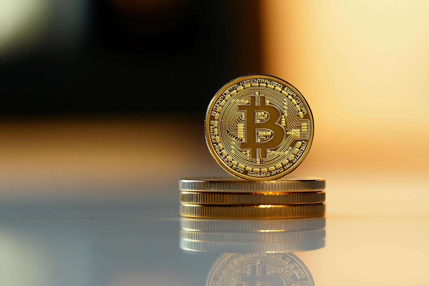 A bitcoin is sitting on top of a stack of coins photo