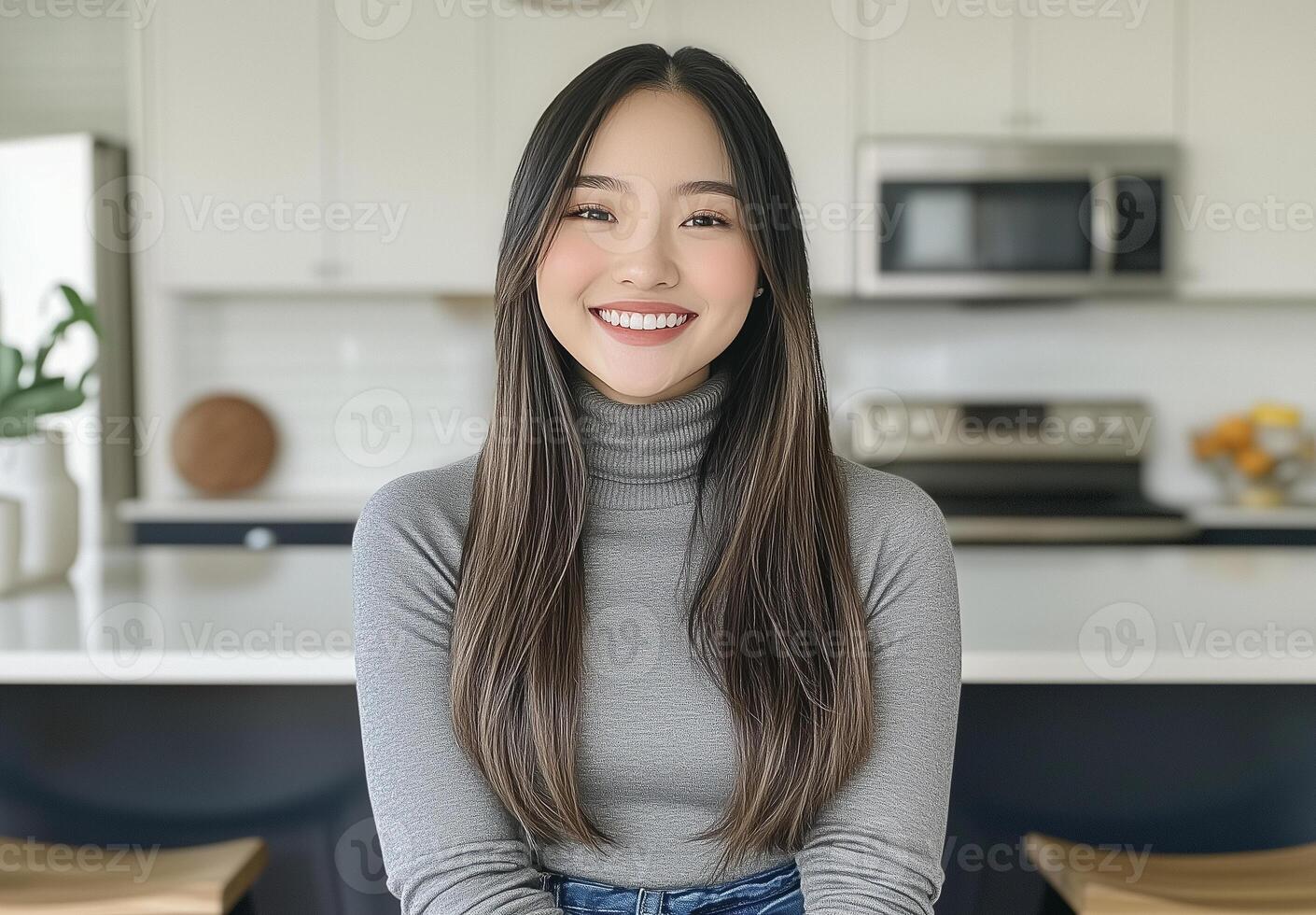A woman sitting in a kitchen smiling photo