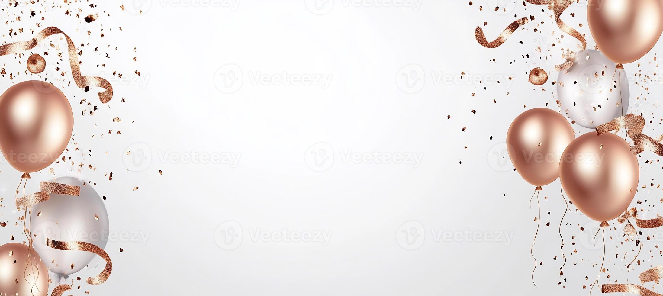 Golden and silver balloons and confetti on a white background photo