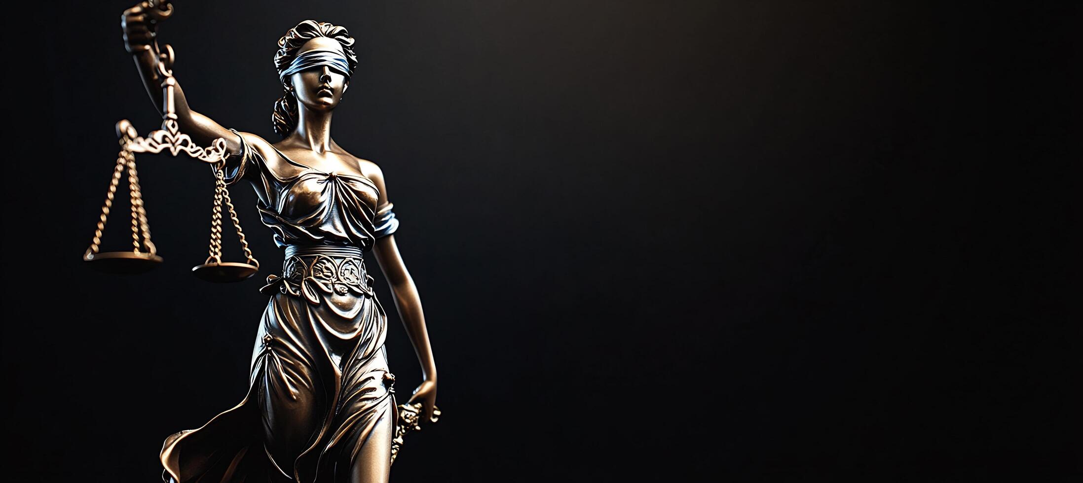 A statue of lady justice is shown against a black background photo