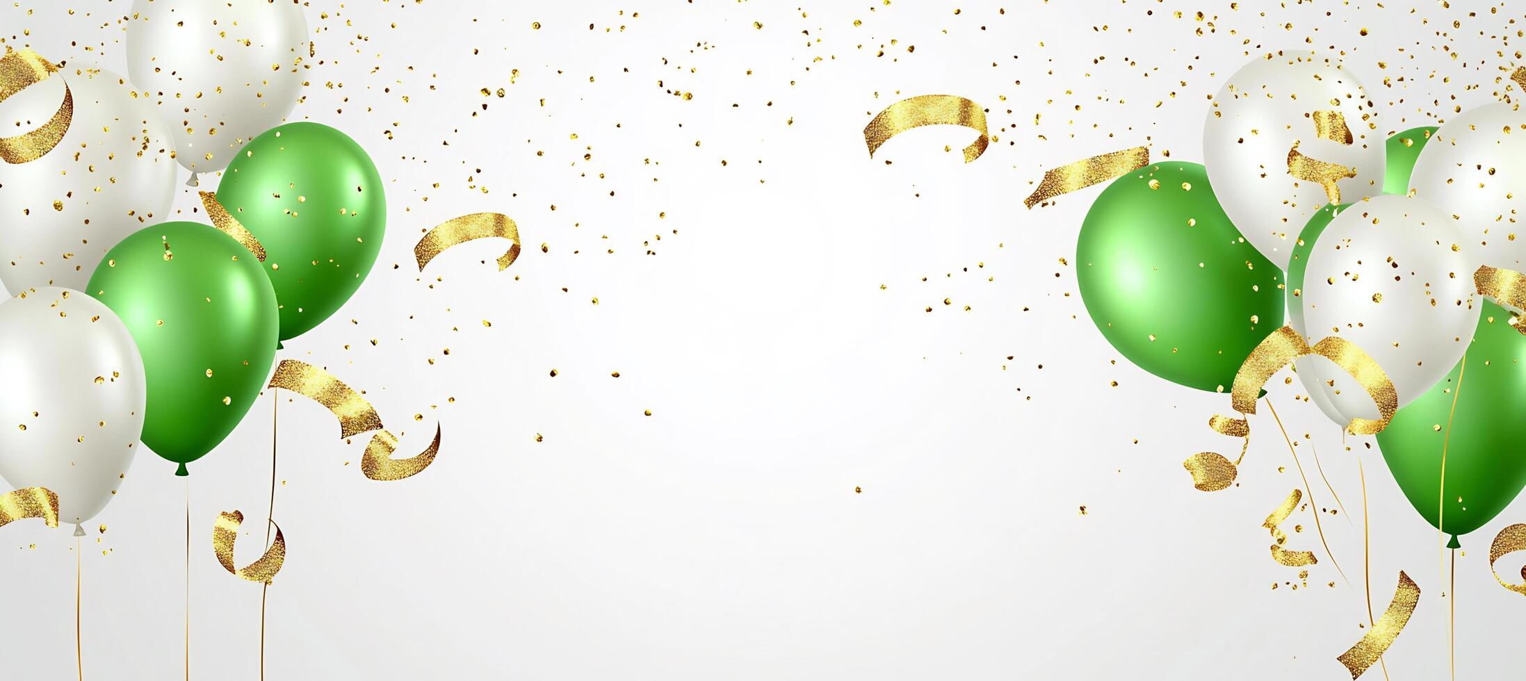 Green and gold balloons and confetti on a white background photo
