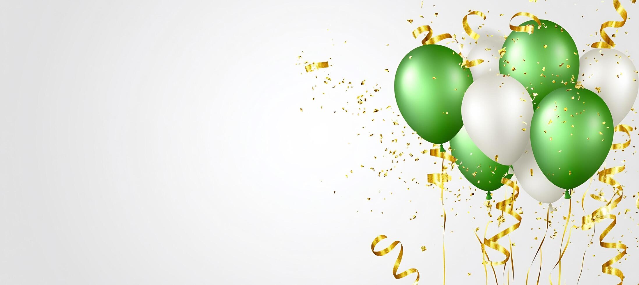 Green and white balloons with confetti on a white background photo