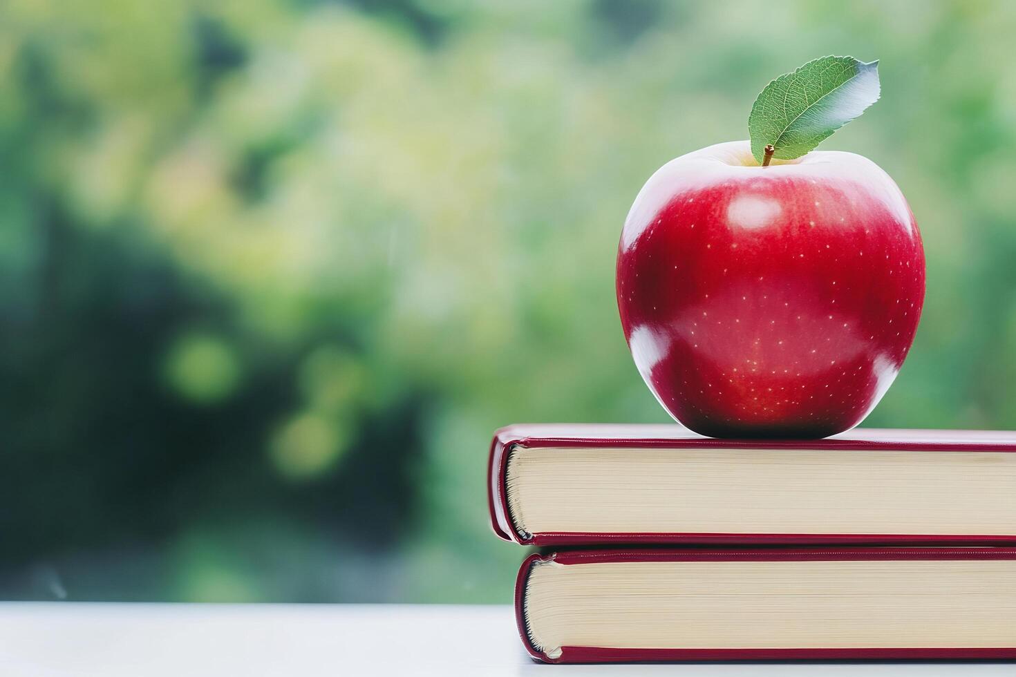 An apple sits on top of two books photo