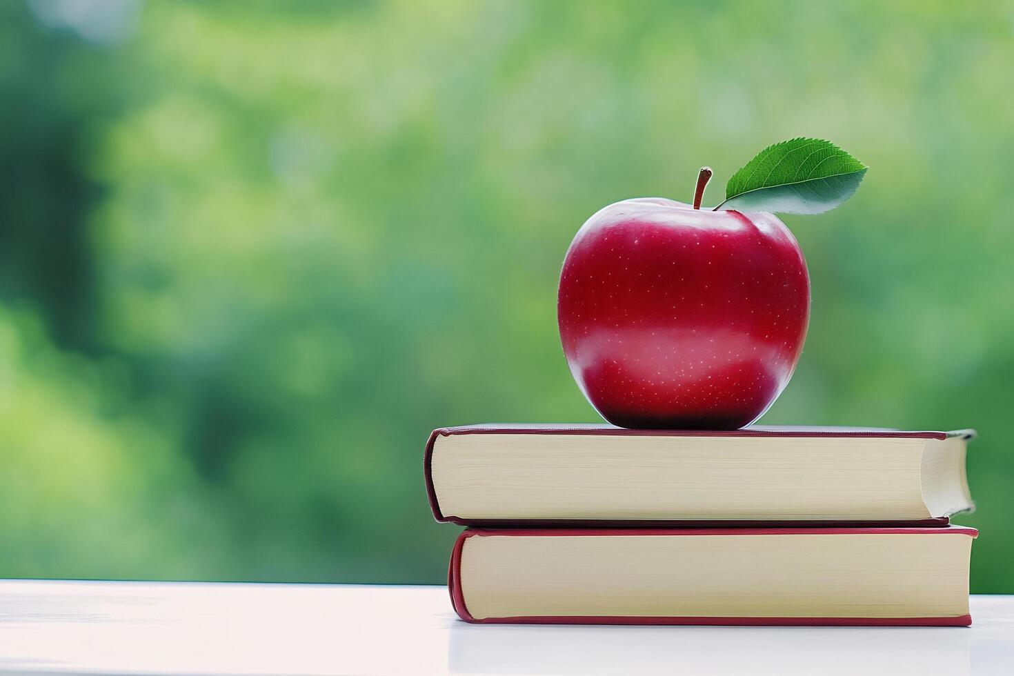 An apple sits on top of two books photo