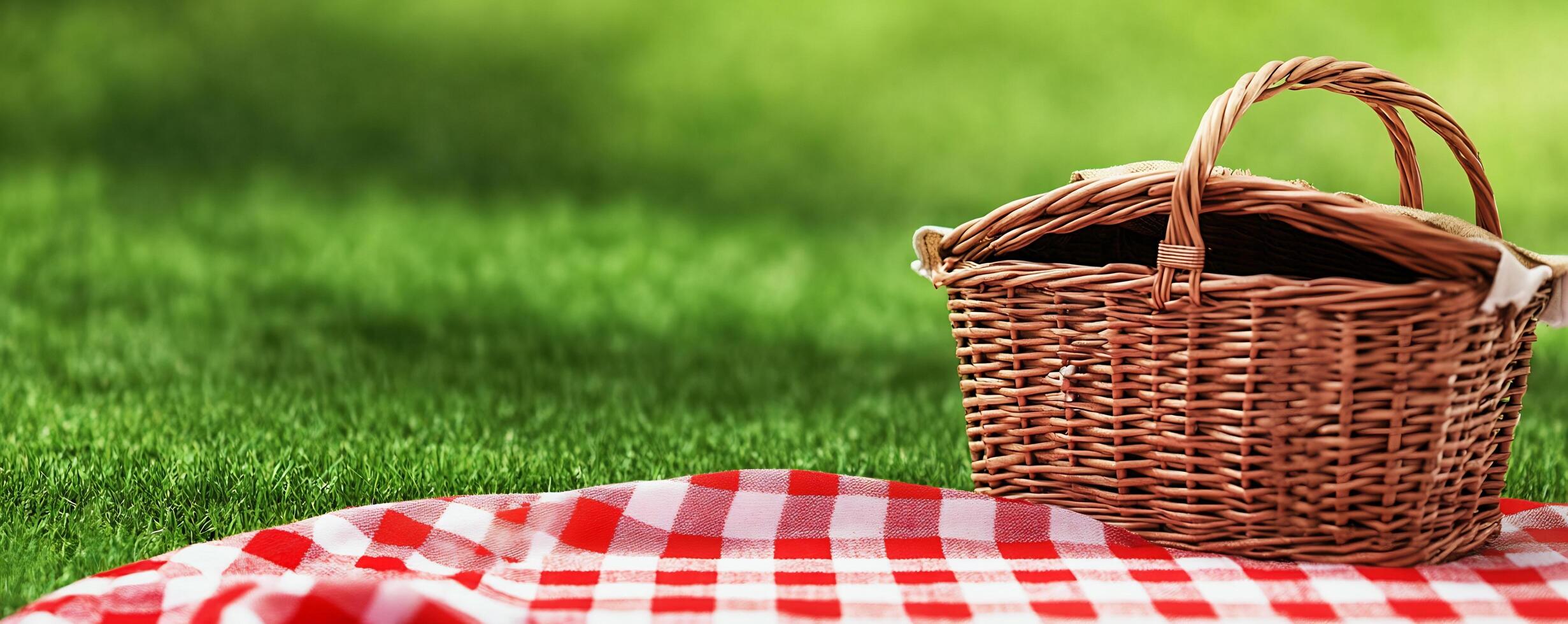 A picnic basket on a red and white checkered cloth photo