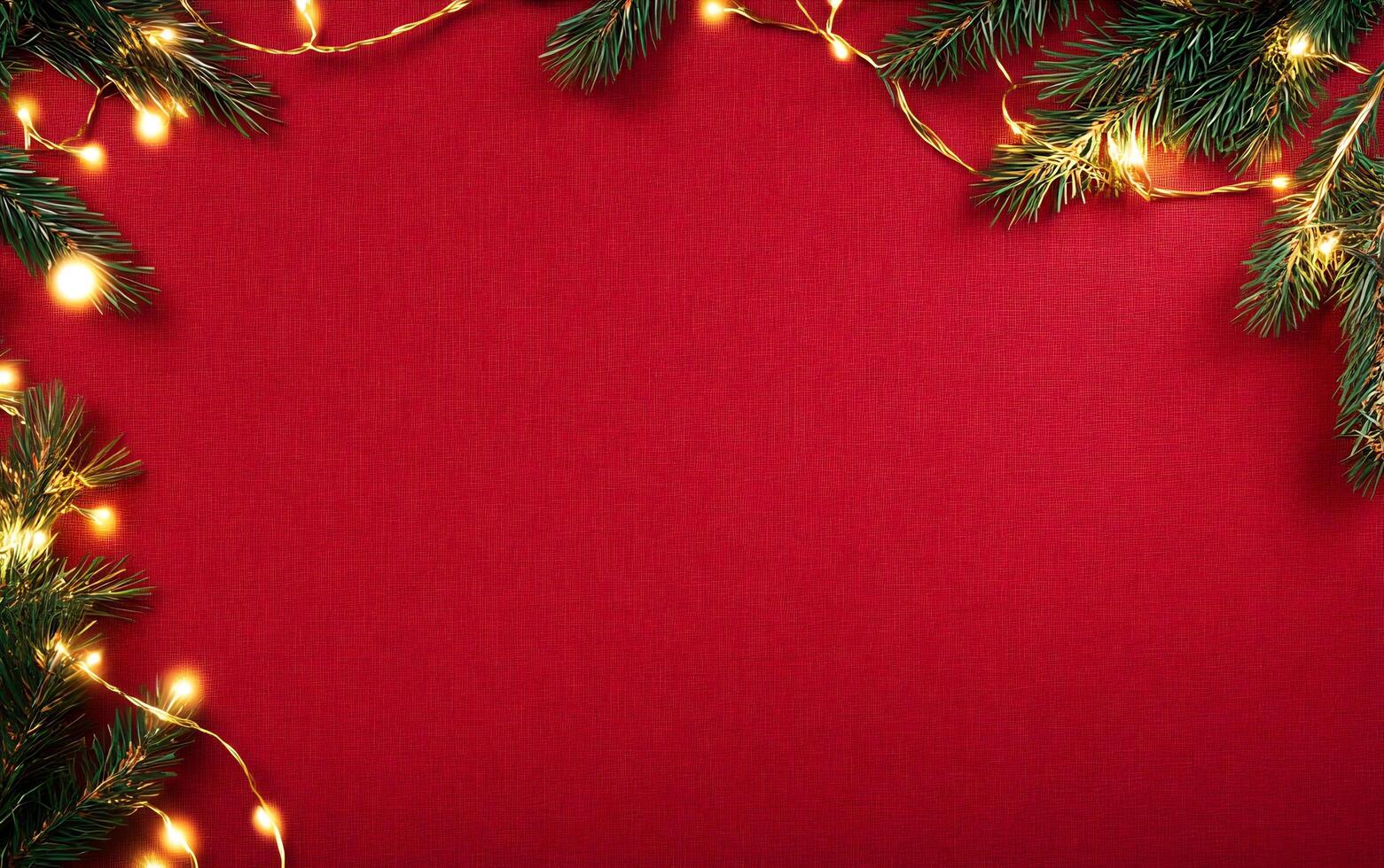 Christmas background with christmas lights and fir branches on red background photo