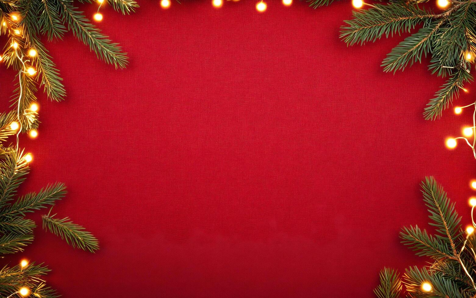 Christmas frame with fir branches and christmas lights on red background photo