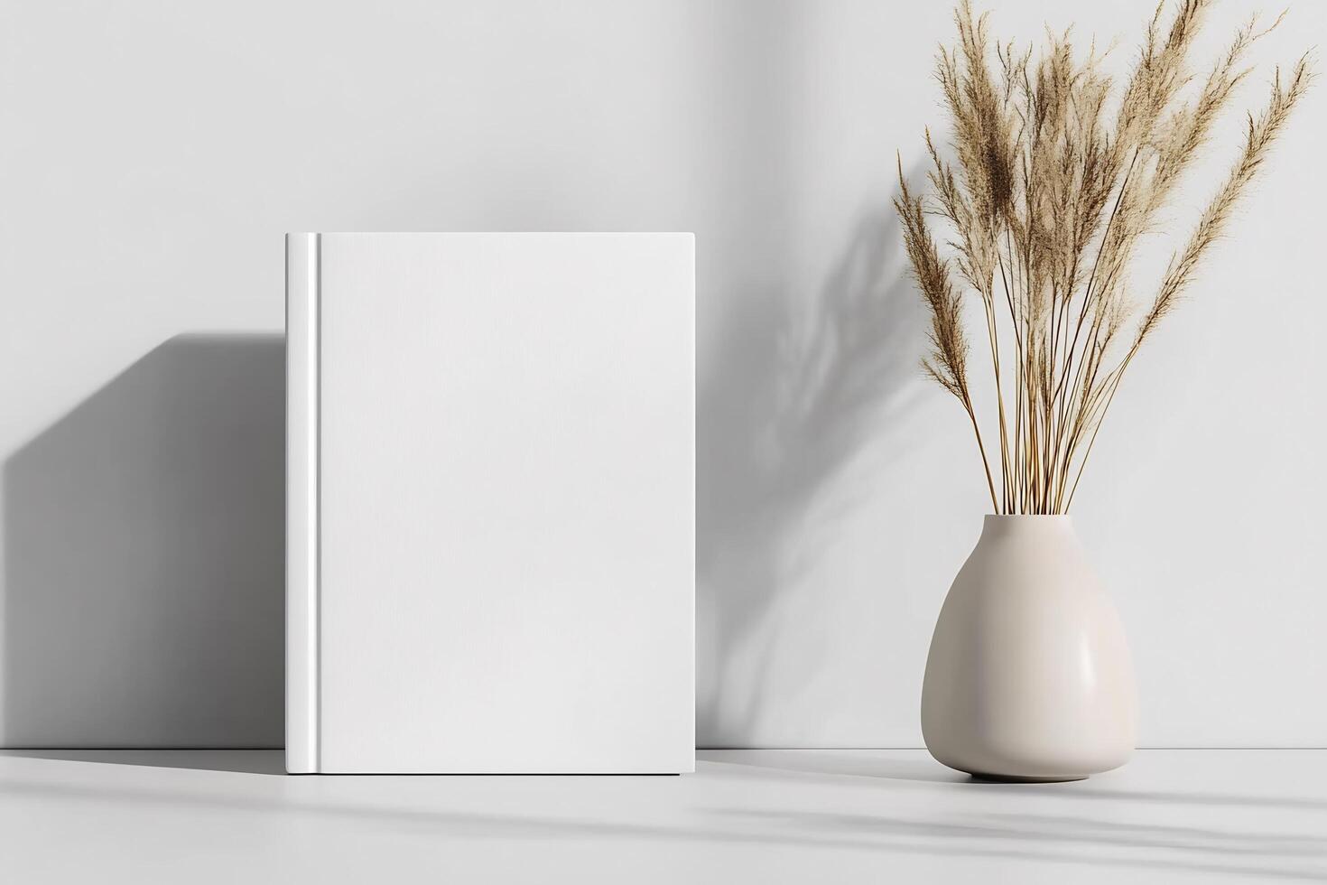 Blank book and vase on white surface with shadow photo