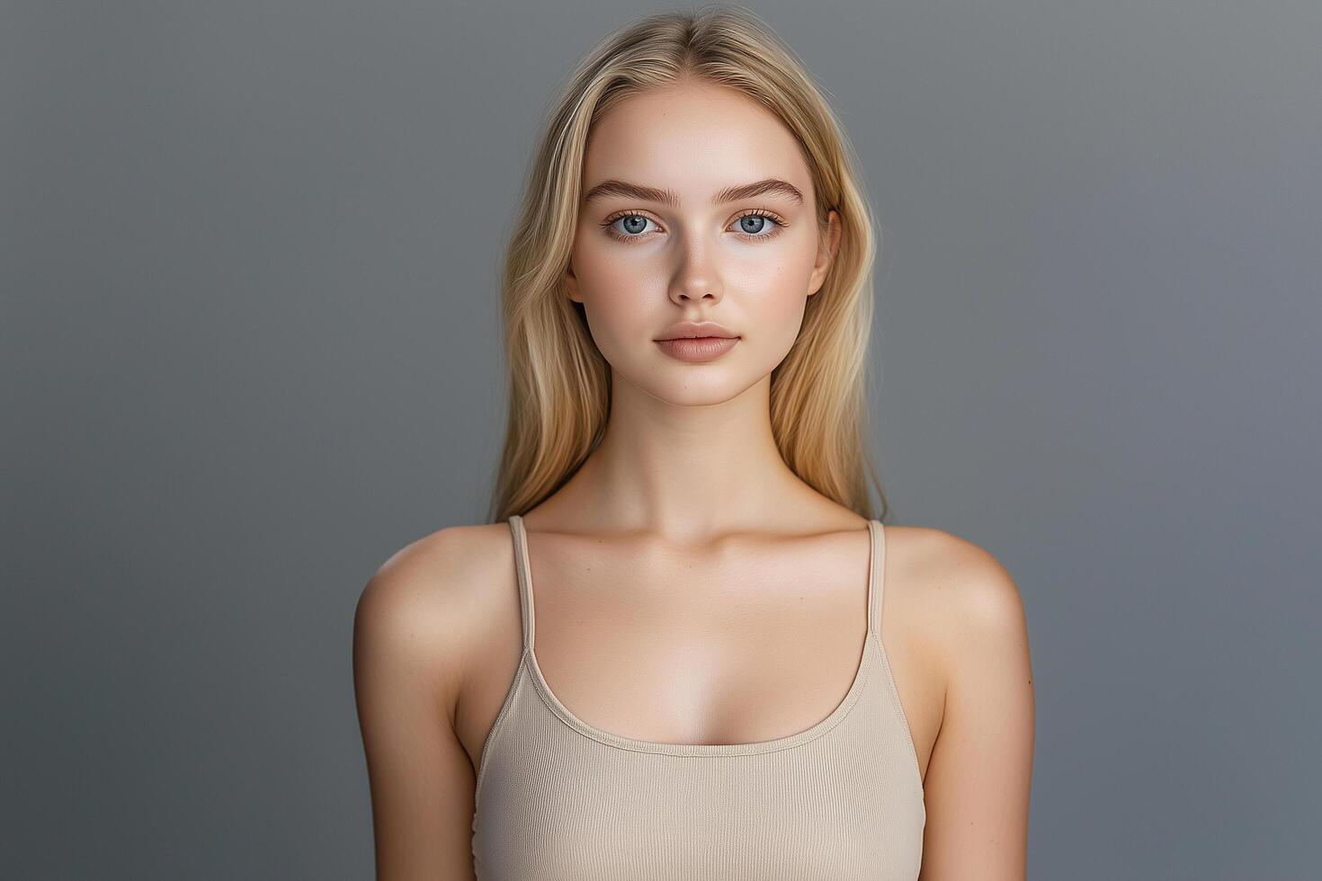 Beautiful blonde woman in nude bra top photo