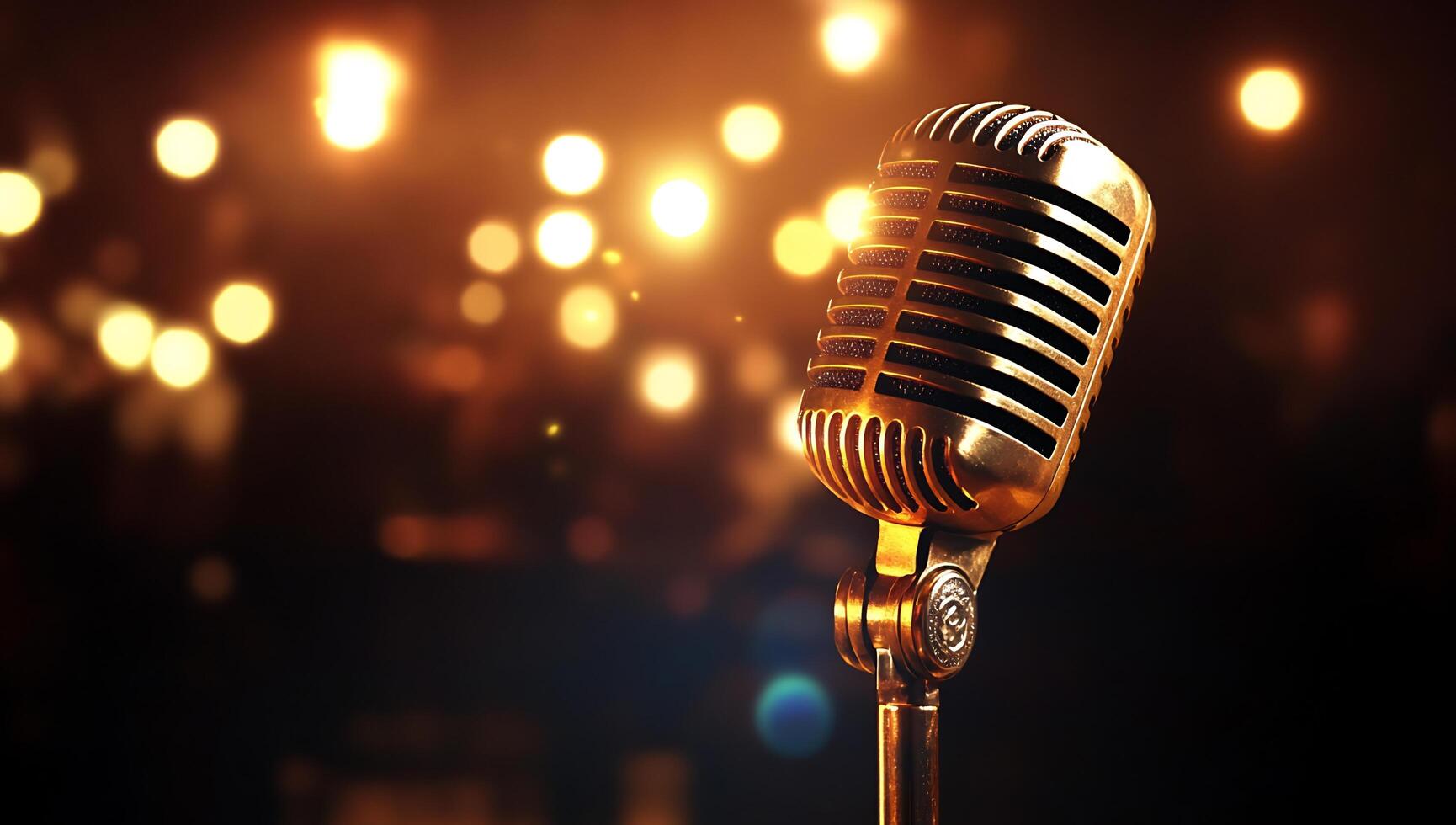 A microphone on a stage with lights in the background photo