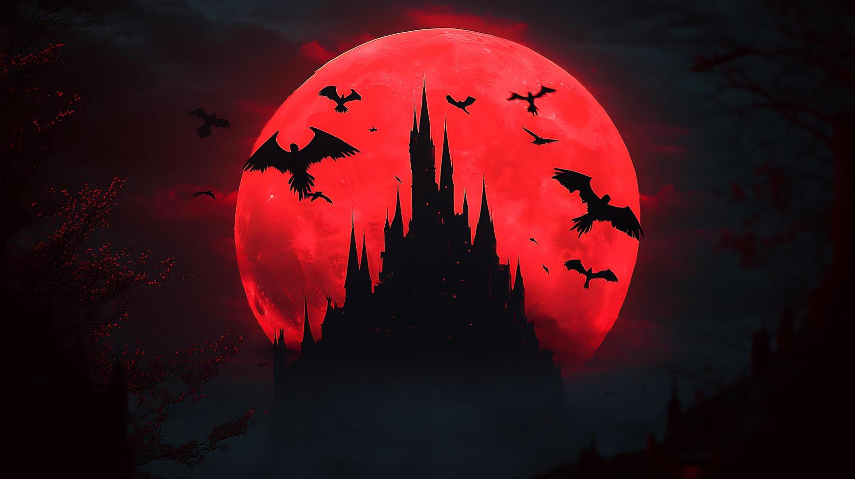 A red moon with bats flying over a castle photo