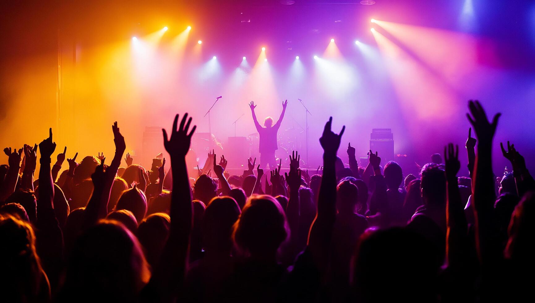 A crowd at a concert with their hands up photo