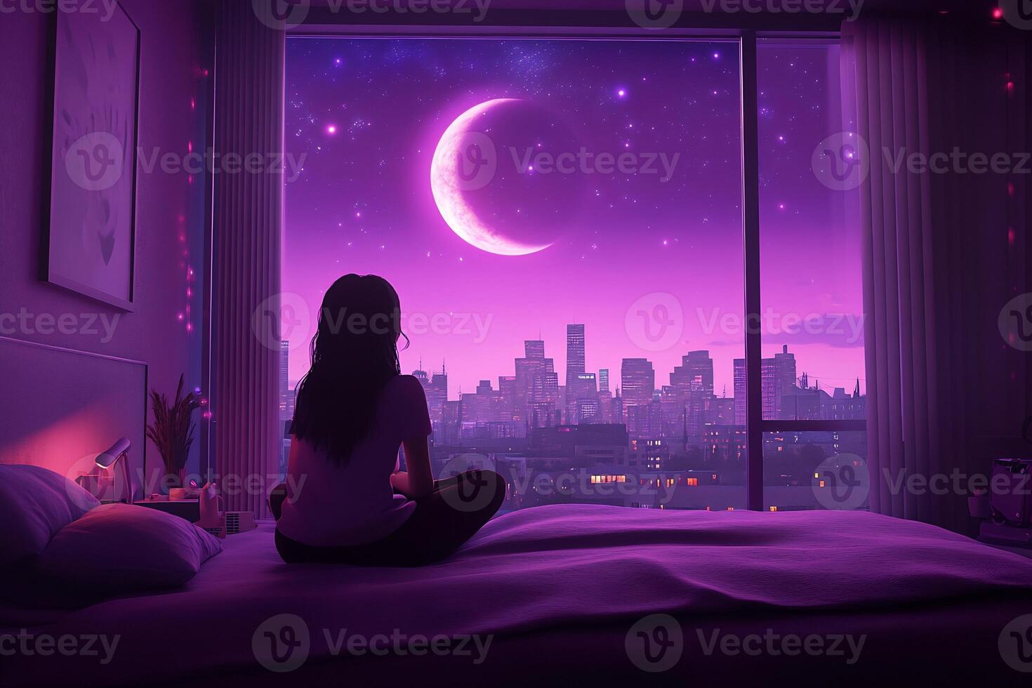 A woman sitting on a bed looking out a window at a city photo