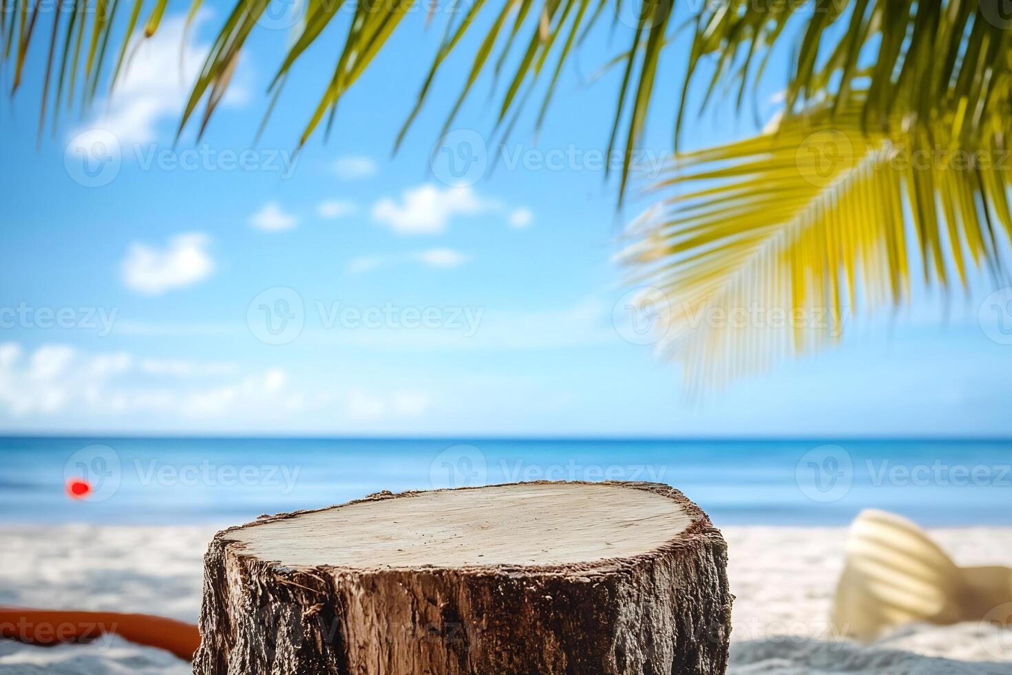 A tree stump on the beach with a blue sky and a red ball photo