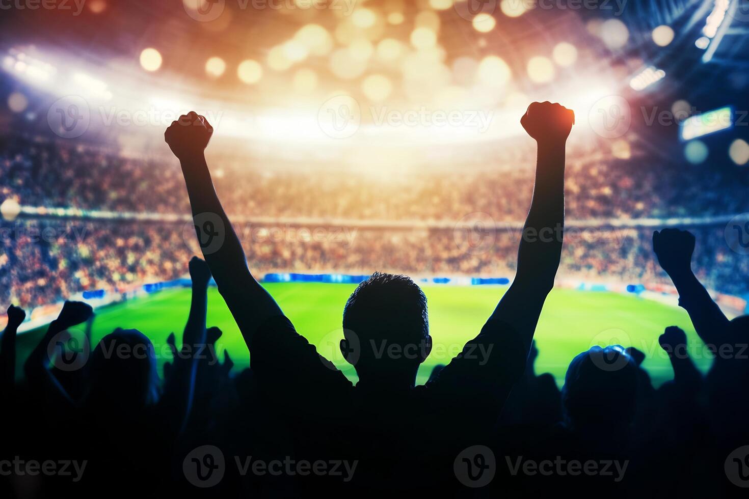 Silhouette of a football fan with hands raised in the air photo