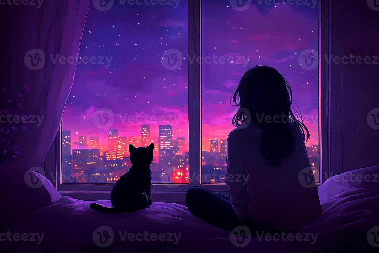 A woman and a cat looking out the window at the city photo