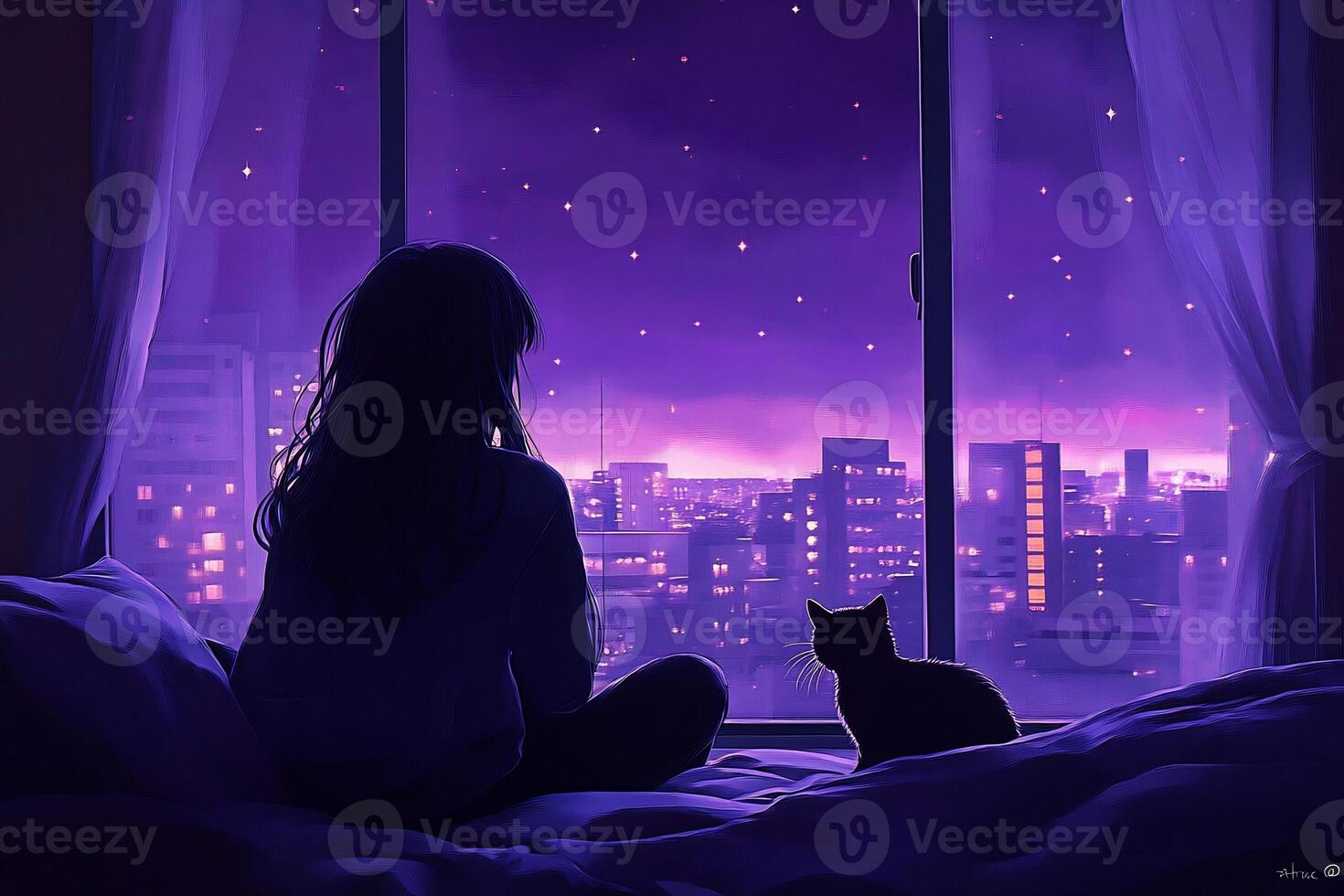 A girl and cat looking out the window at the city at night photo