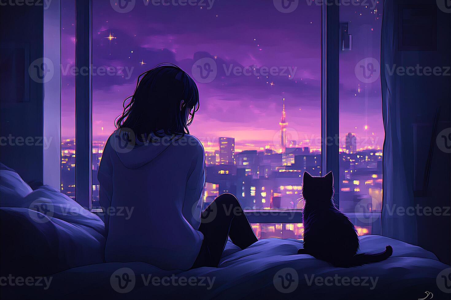 A woman and a cat sitting on a bed looking out a window photo