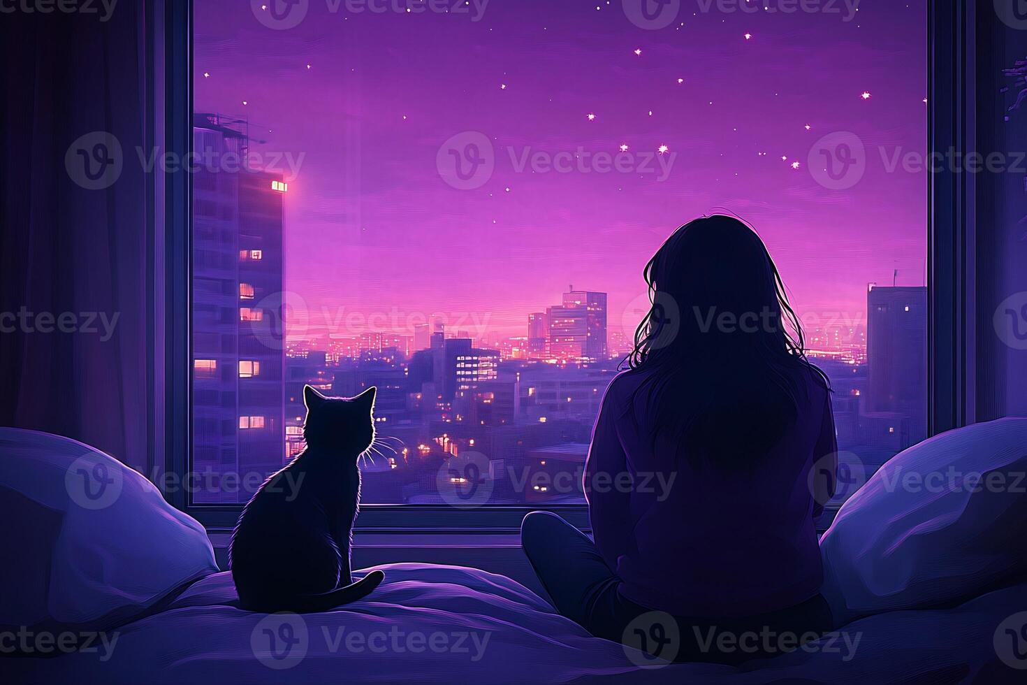 A woman and cat looking out the window at the city photo