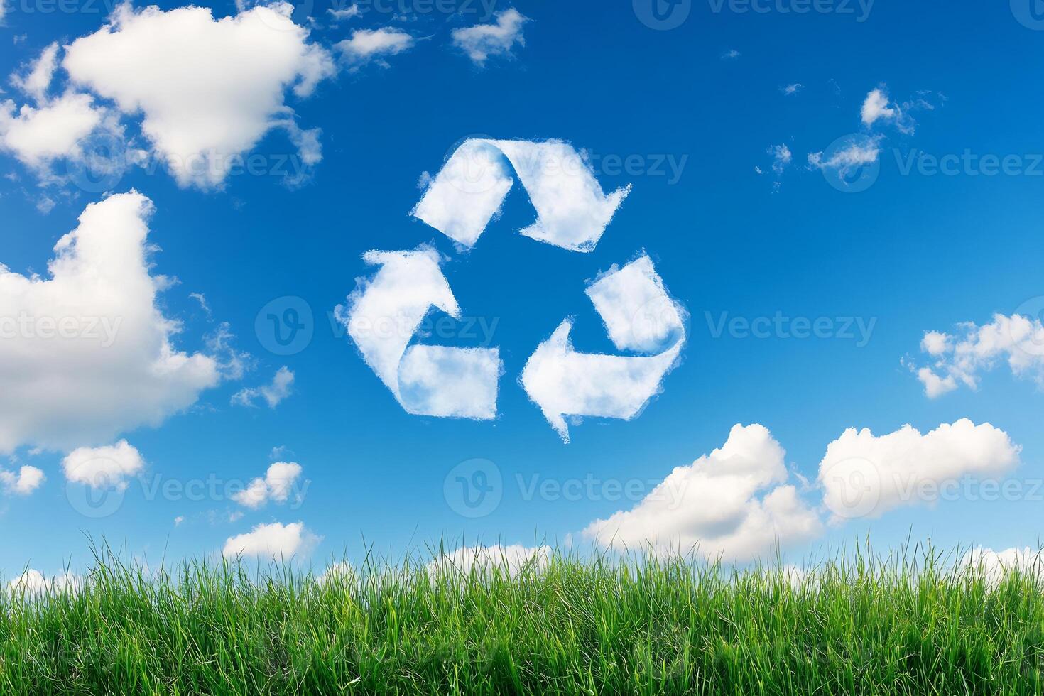 Recycling symbol on grass with blue sky and clouds photo