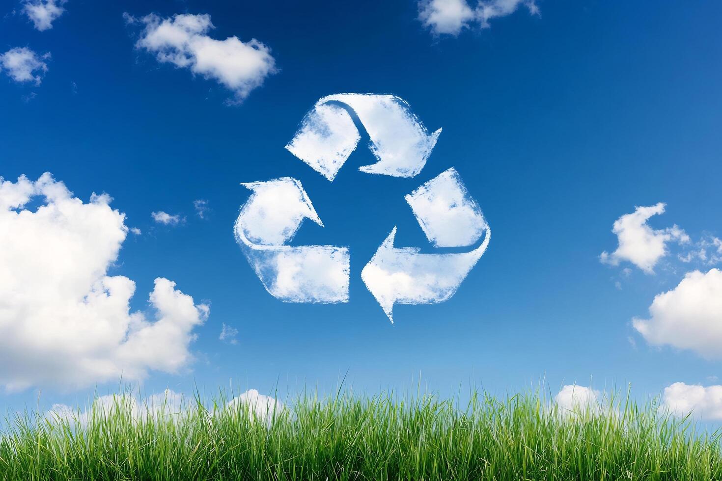 Recycling symbol on grass with blue sky and clouds photo