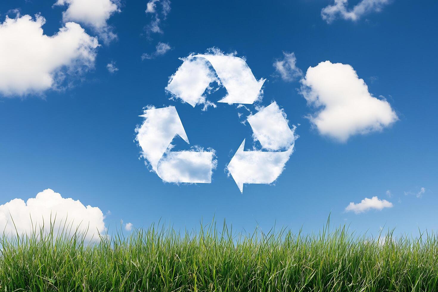 Recycling symbol on grass with blue sky and clouds photo