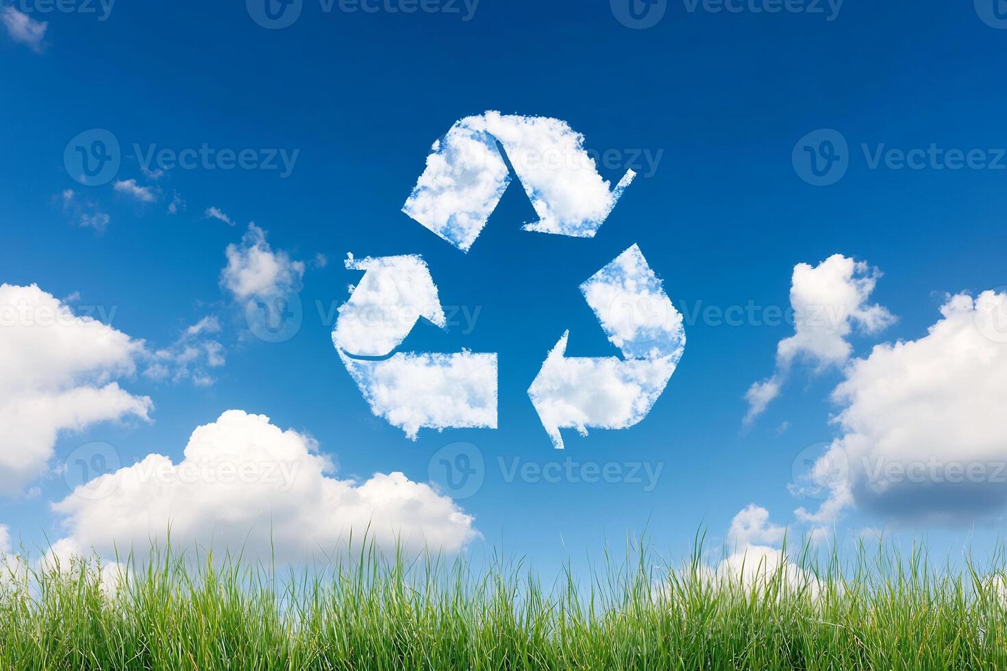 Recycling symbol on grass with blue sky and clouds photo