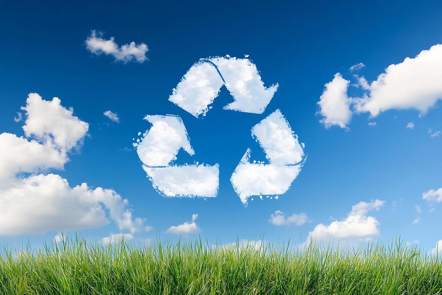 Recycling symbol on grass with blue sky and clouds photo