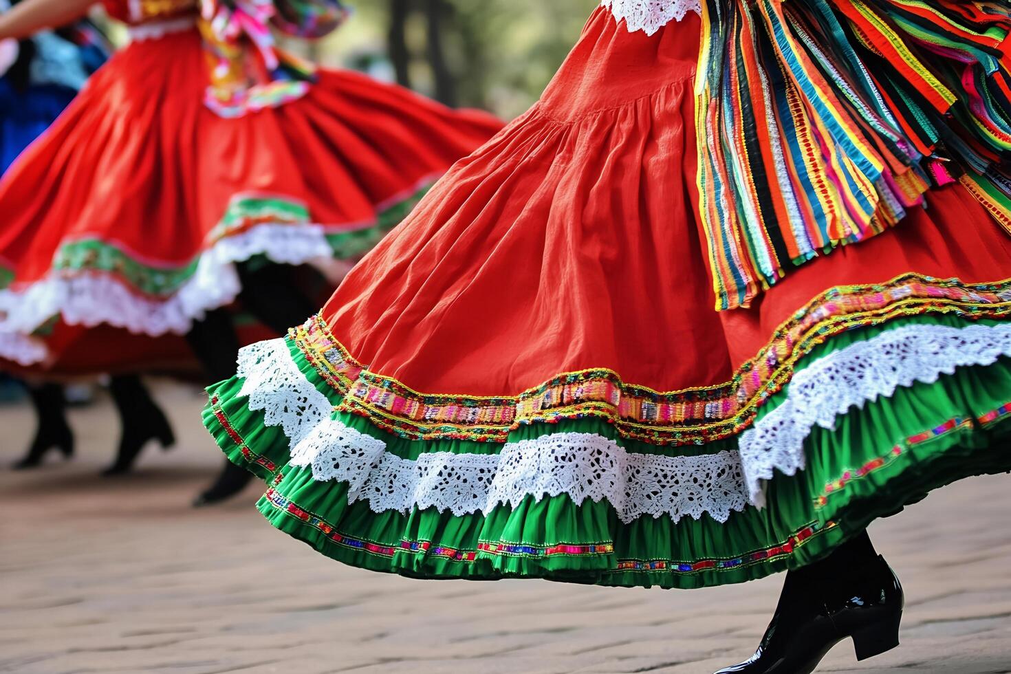 Women in colorful mexican dresses dancing on the street photo