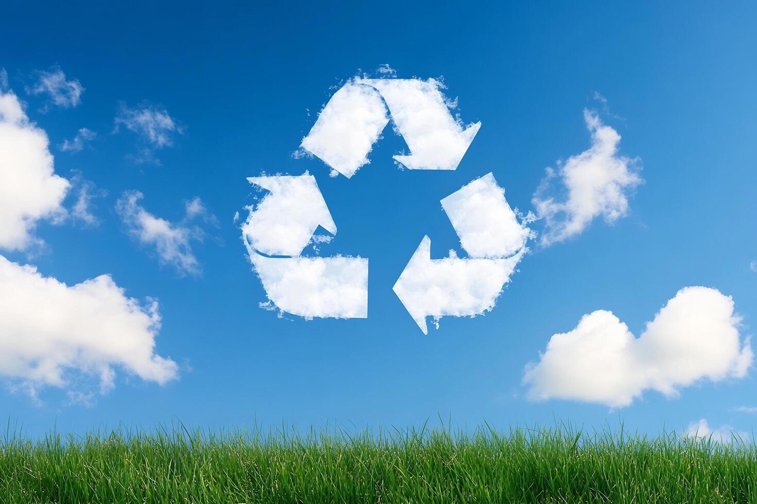 Recycling symbol on grass with blue sky and clouds photo
