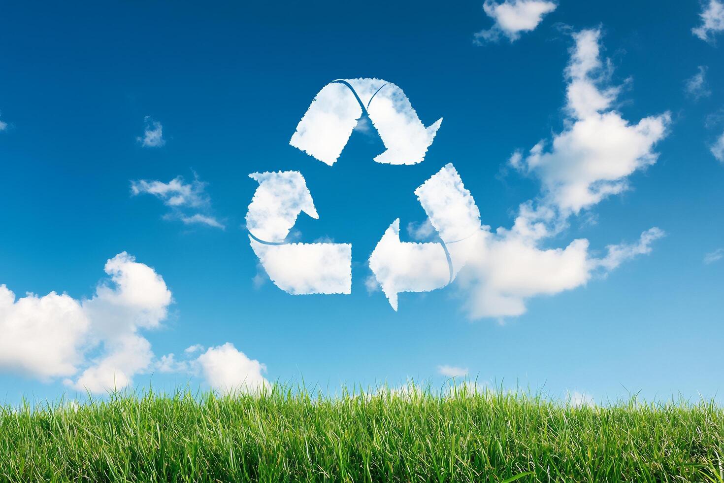 Recycling symbol on grass with blue sky and clouds photo