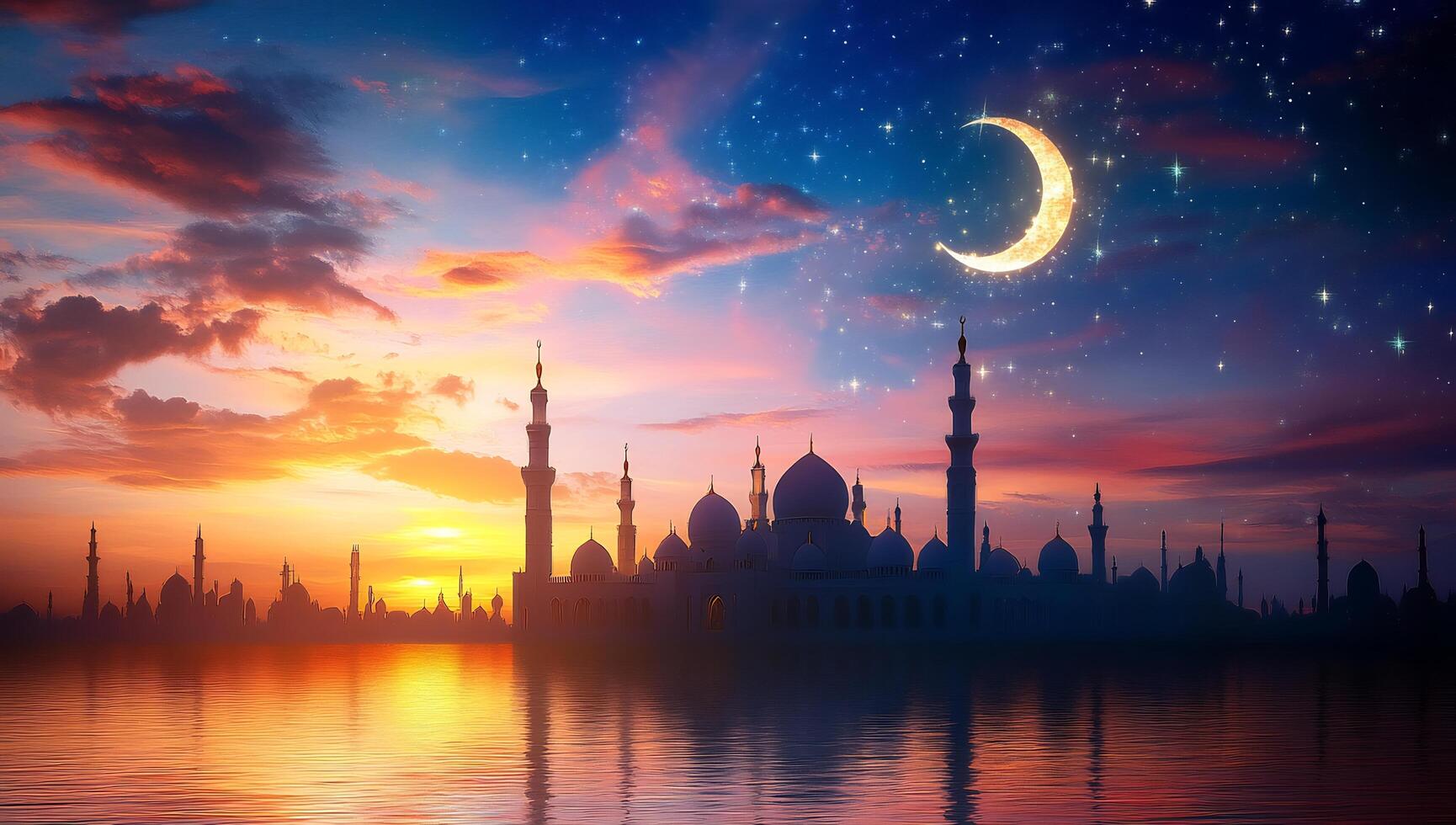 Islamic architecture at sunset with moon and stars photo