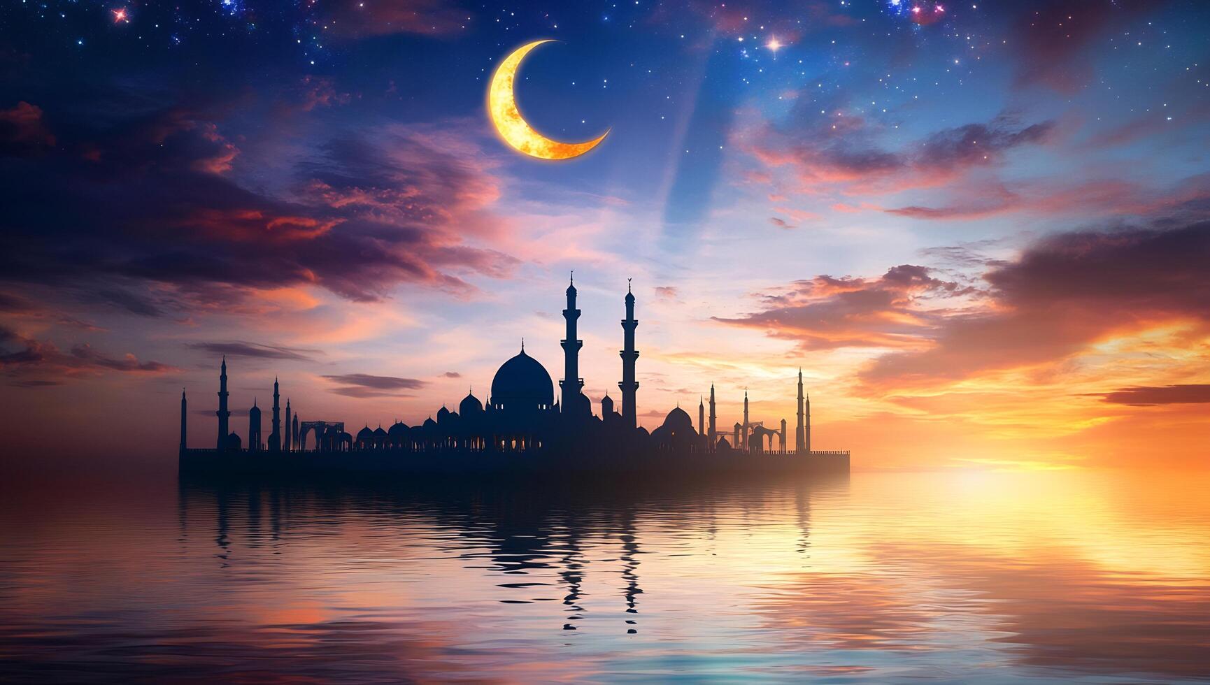Islamic mosque with crescent moon and stars in the sky photo
