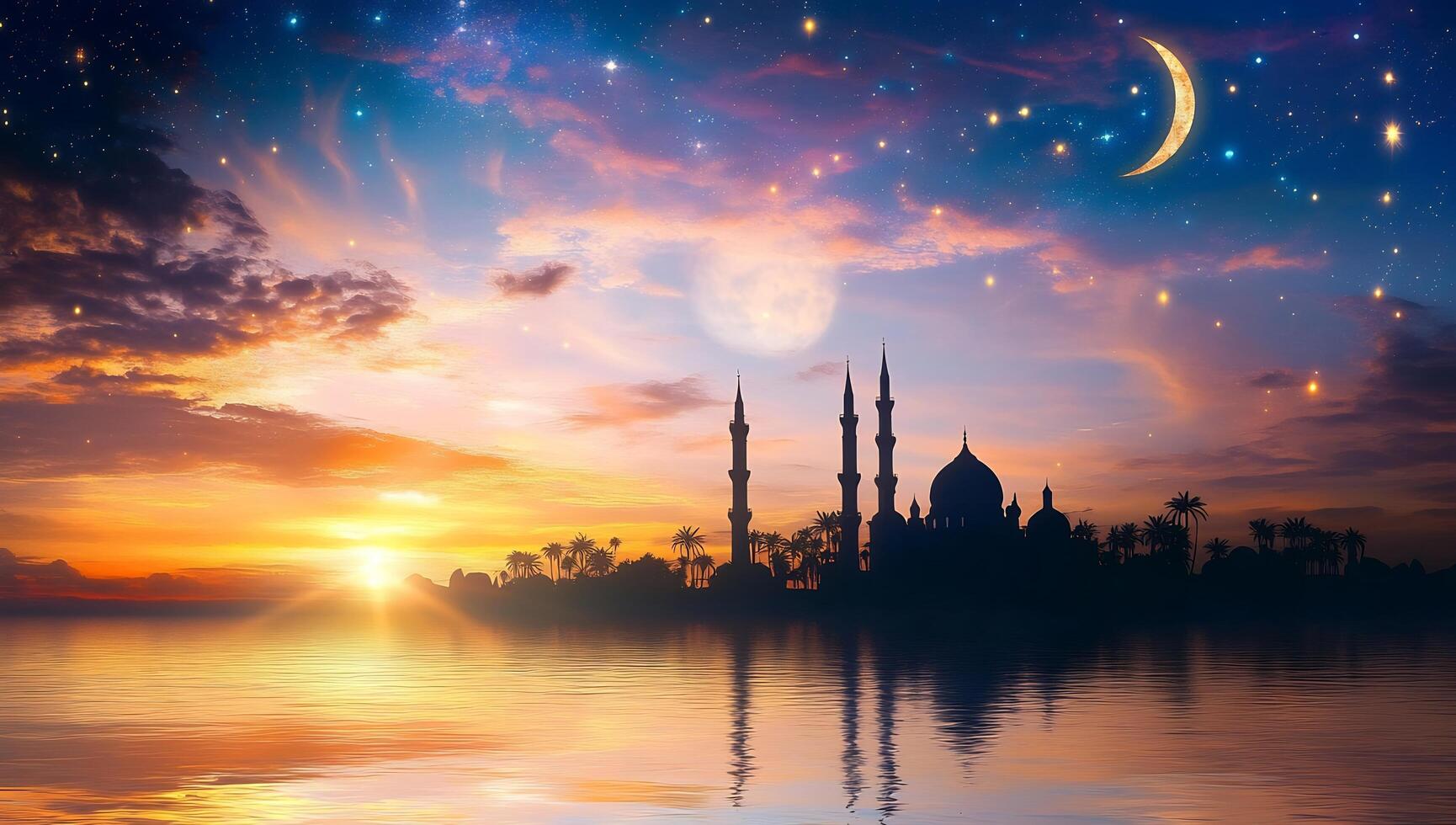 Islamic mosque and sunset over water photo